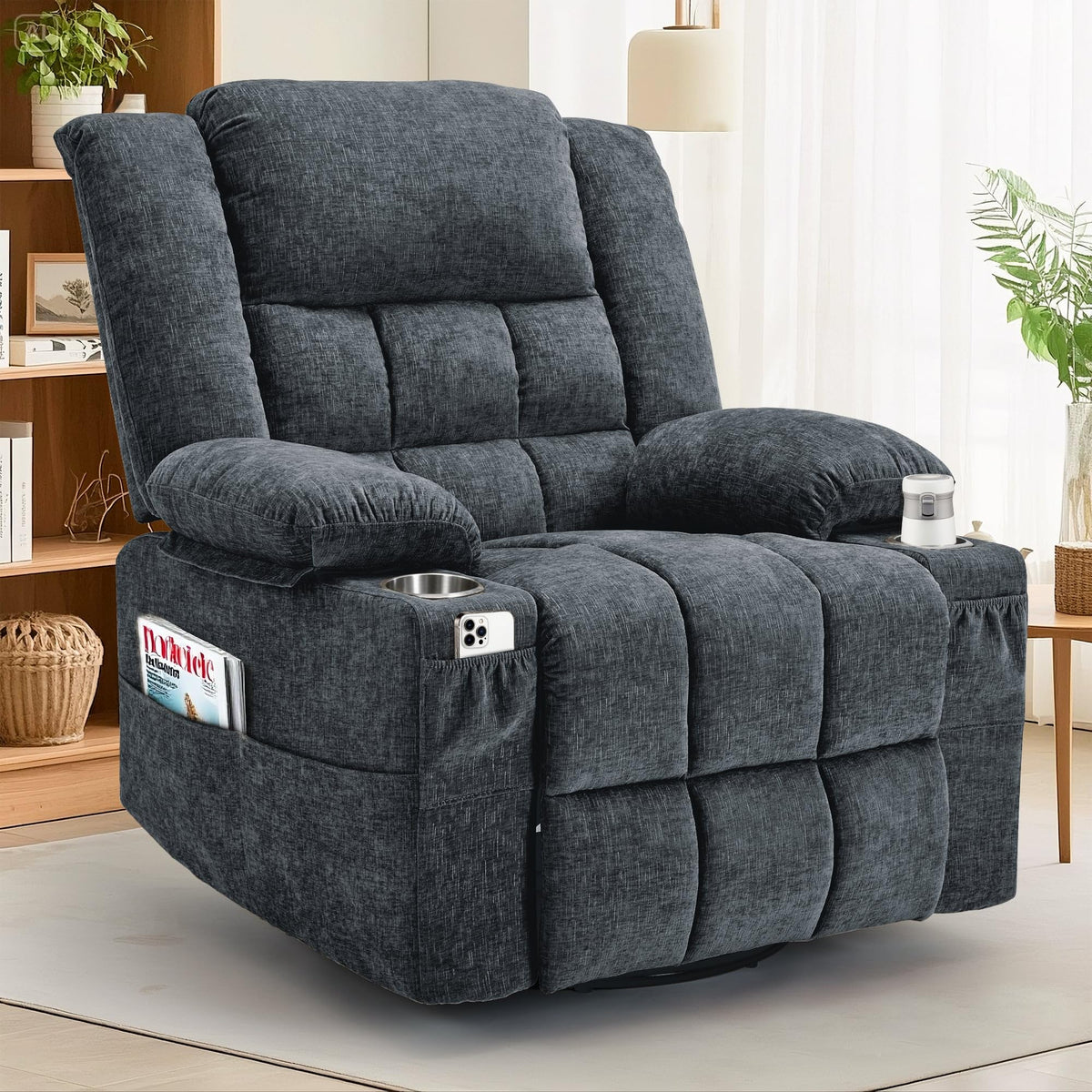 Fabric Dark Gray Swivel Rocker Recliner with Cup Holder Q592422