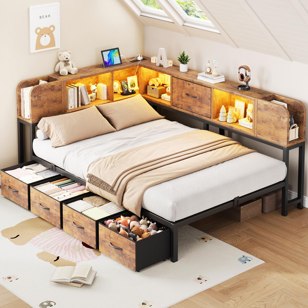 Twin Size Metal Platform Bed Frame with Storage Drawers and Bookcase Headboard P994425