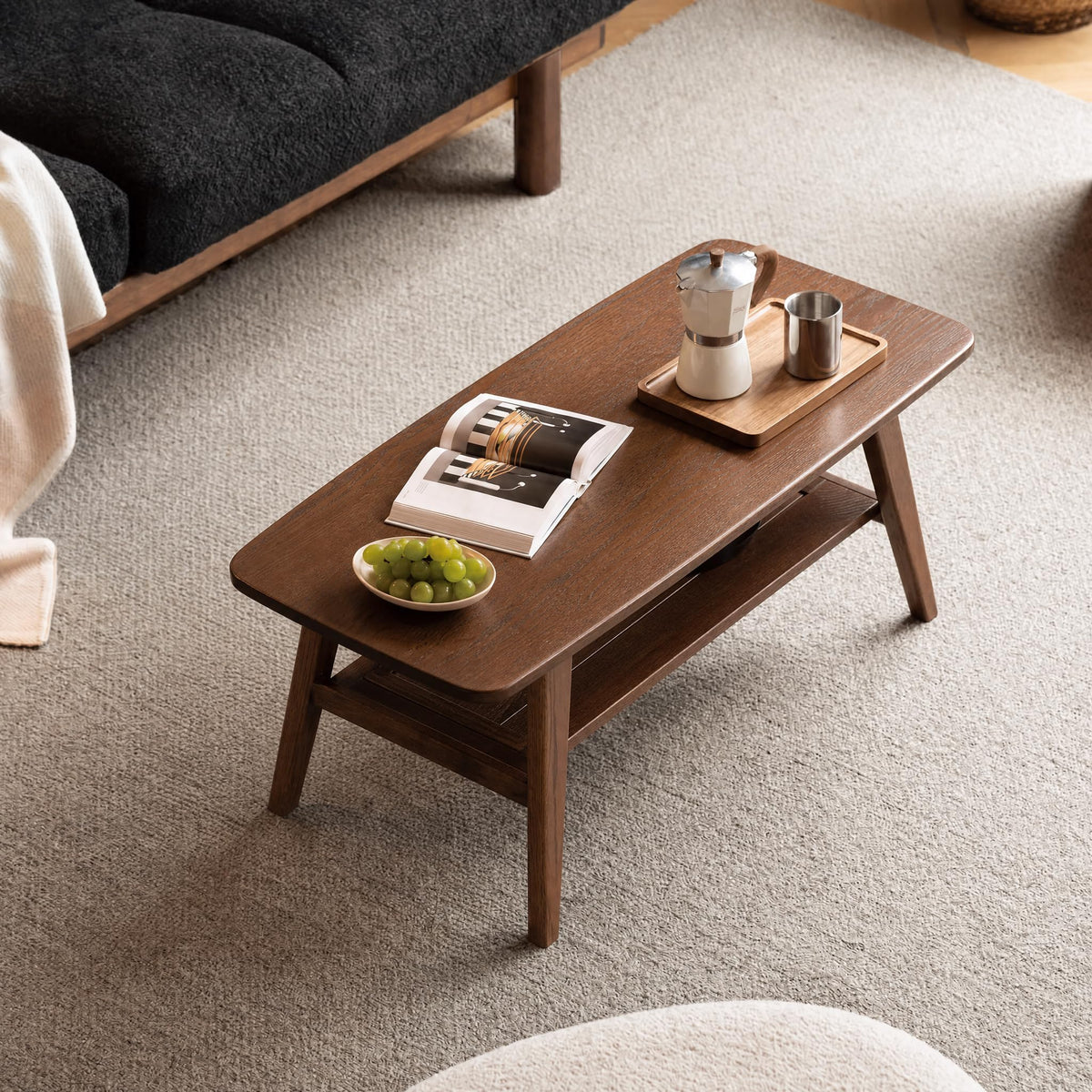 Solid Wood 2-Tier Coffee Table with Shelf Storage J648082