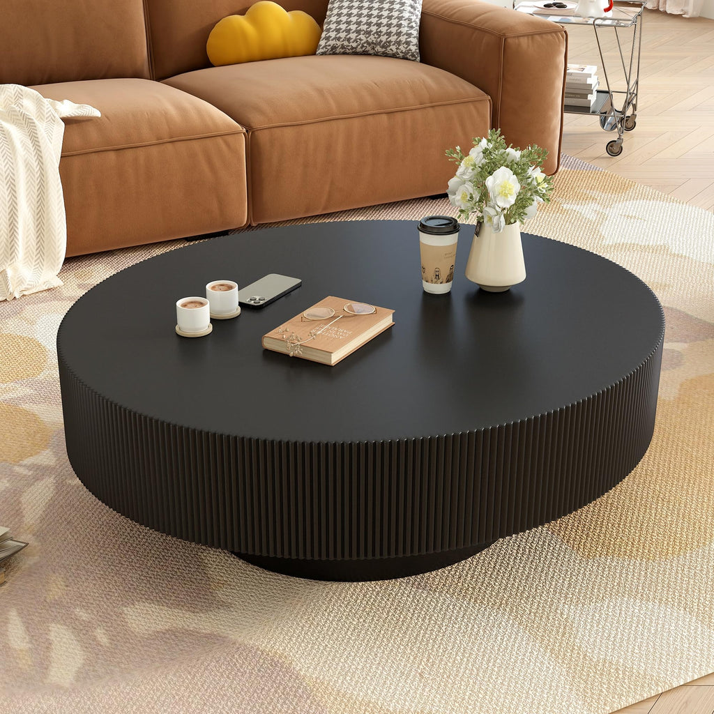 Round Coffee Table, 31.5" Fluted Pedestal Wood Table, Black J625