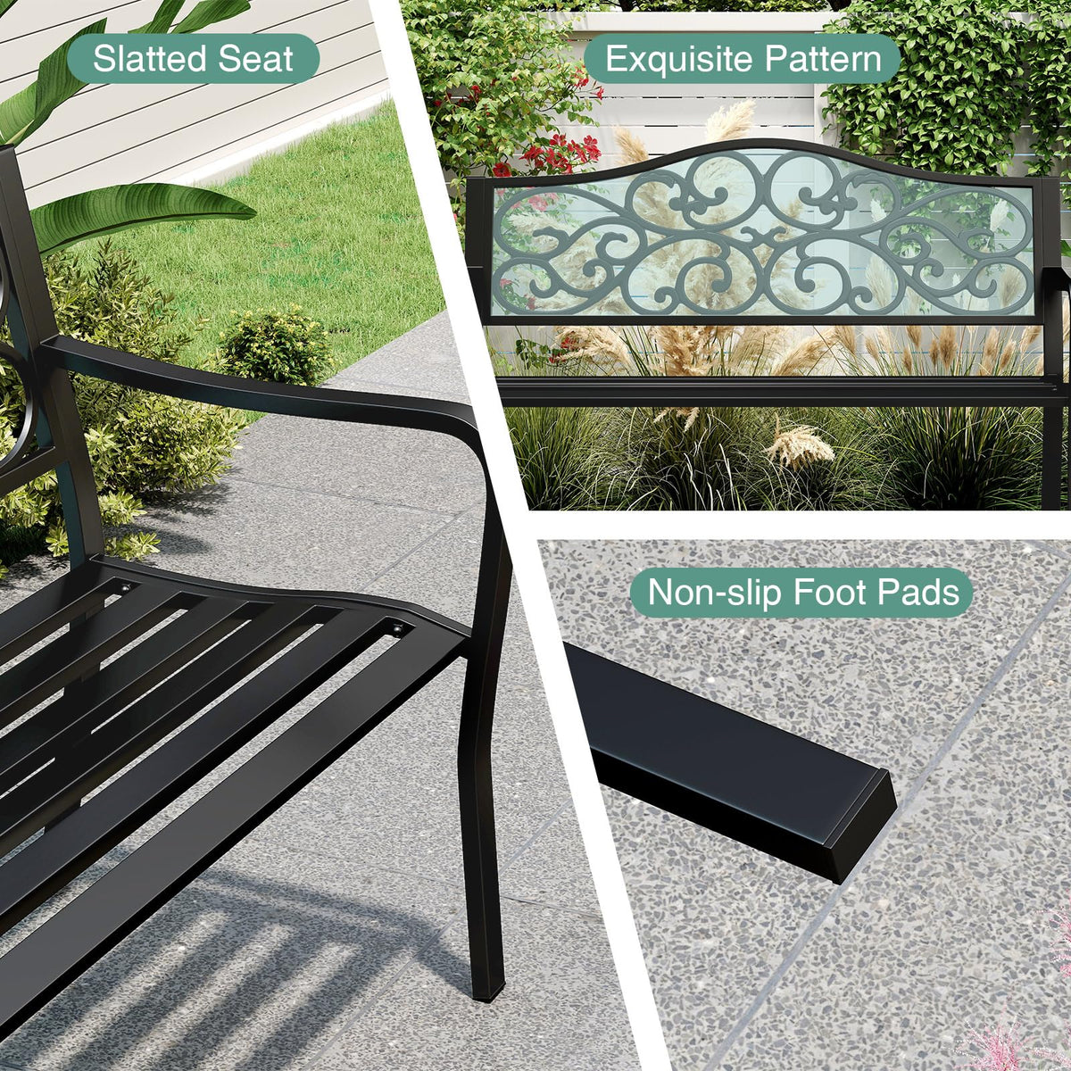 50 Inches Black Cast Iron Metal Patio Bench with Floral Backrest P24451