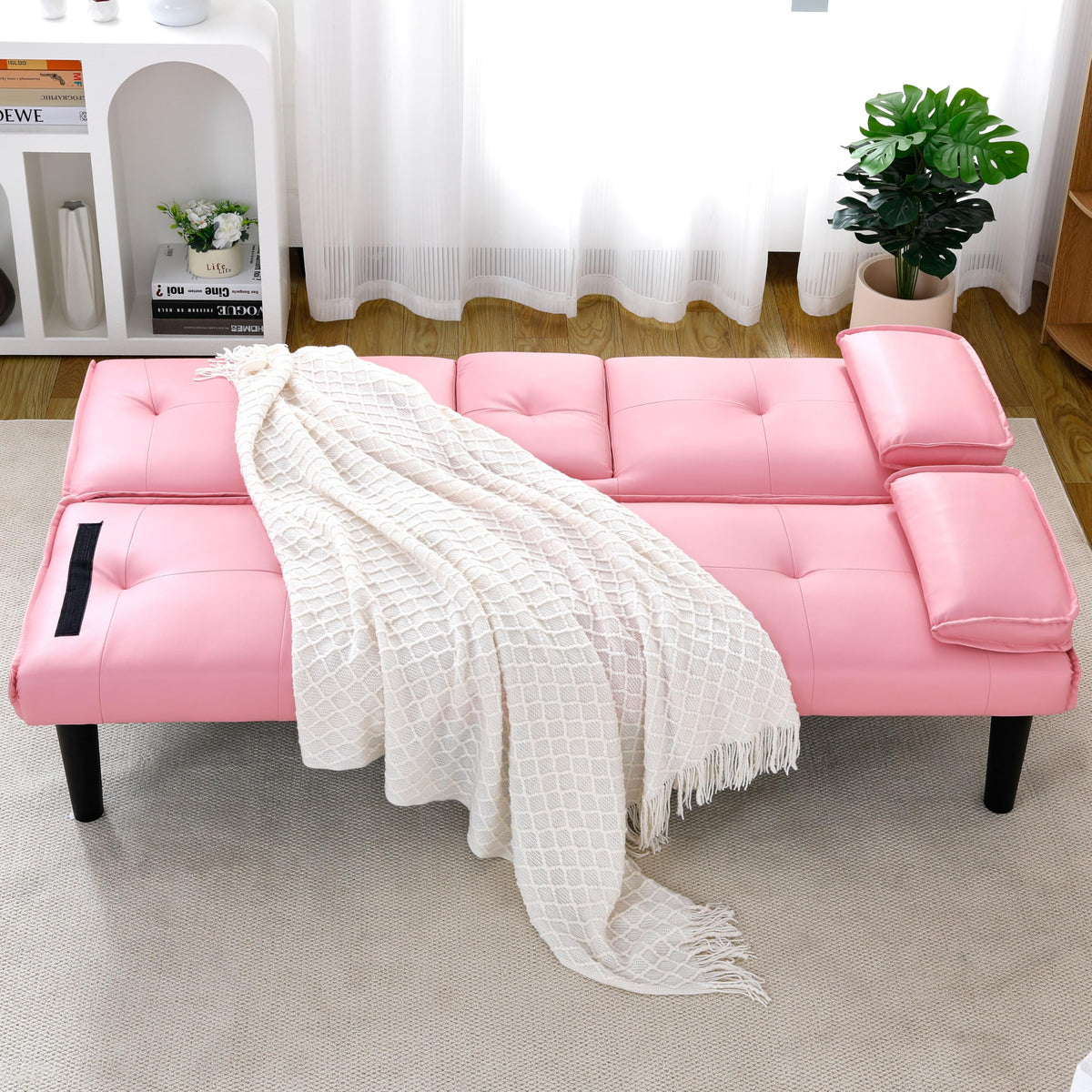 Pink 3 in 1 Convertible Sleeper Sofa Bed with Cup Holder M240565