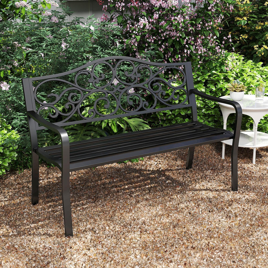 50 Inches Black Cast Iron Metal Patio Bench with Floral Backrest P24451